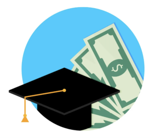 scholarships graphic with graduation hat and dollars