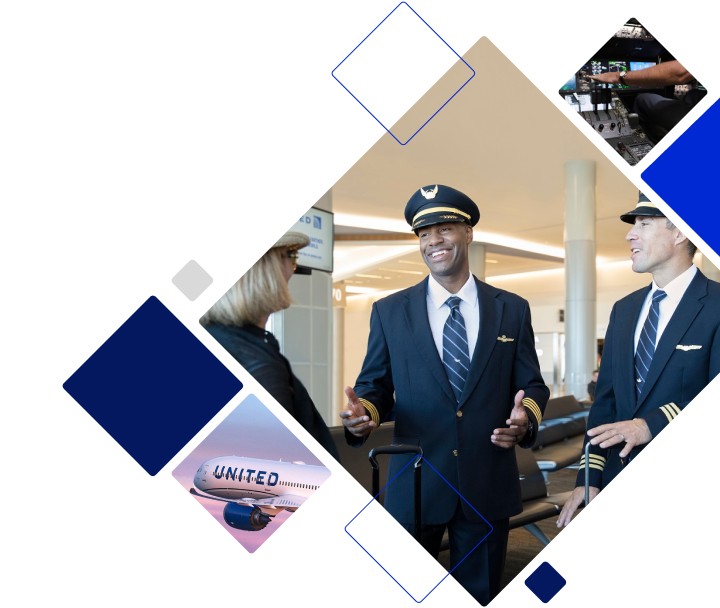 a diamond shaped collage featuring 2 pilots, an airplane, and a cockpit