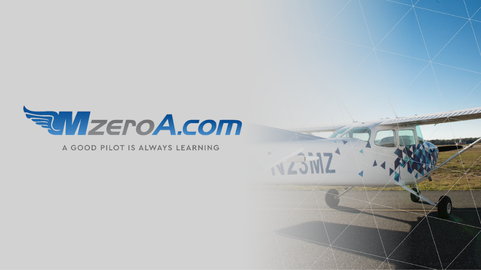 MzeroA logo with white and blue airplane in the background with blue skies