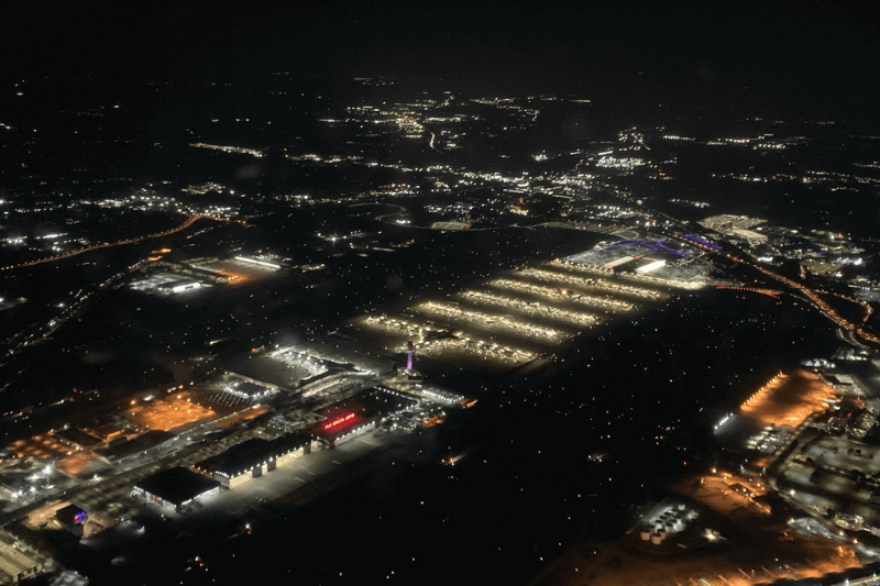 Birds eye view of Atlanta Hartsfield Jackson International Airport at night