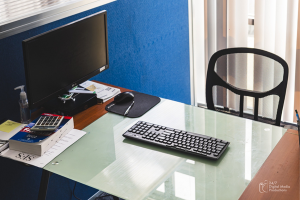 Briefing room with desk chair and computer